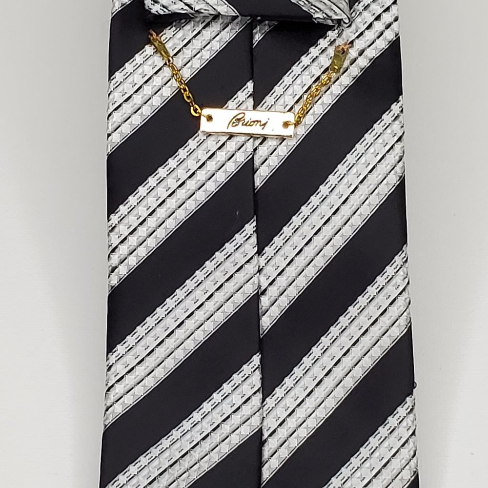 Brioni Black And White Pinstriped Silk Tie